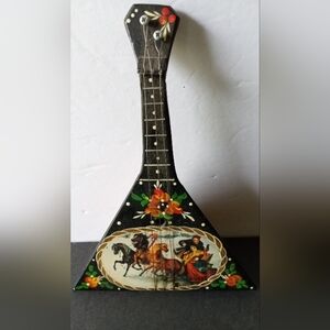 Vtg Hand Painted Folk Art Winter Troika Balalaika Souvenir Russian
